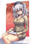  :d alternate_costume beret bespectacled blue_eyes breasts collarbone glasses hat kantai_collection kashima_(kantai_collection) large_breasts long_sleeves looking_at_viewer magazine open_mouth red-framed_eyewear ribbed_sweater shinshin silver_hair sitting smile solo sweater tsurime twintails twitter_username wavy_hair 