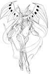  absurdres ainsophaur0 dis_astranagant greyscale highres lineart mecha_musume monochrome scythe solo super_robot_wars super_robot_wars_original_generation twintails wings 