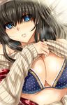  bare_shoulders black_hair blue_eyes bra breasts cleavage clothes_lift hairband idolmaster idolmaster_cinderella_girls large_breasts long_hair long_sleeves looking_at_viewer md5_mismatch open_mouth polka_dot polka_dot_bra sagisawa_fumika solo sweat sweater sweater_lift underwear yamada_naoko_(hideko1227) 