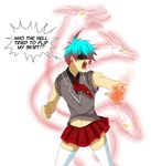  blue_hair clothed clothing crossdressing hair human legwear magic mammal red_hair school_uniform simple_background skirt stockings text trace_legacy twokinds uniform 