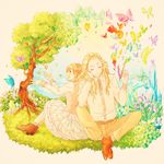  1girl blonde_hair blue_eyes blue_sky brown_footwear bug butterfly christopher_weatherfield closed_eyes crystal dress earrings elbow_on_knee facing_viewer grass hair_ornament hand_on_own_cheek hetero highres insect jewelry long_hair looking_to_the_side maru_come open_mouth outdoors paintbrush protagonist_(tokimemo_gs2) shoes sky tokimeki_memorial tokimeki_memorial_girl's_side tokimeki_memorial_girl's_side_2nd_kiss tree 