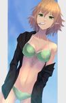  bikini blonde_hair blue_background collarbone cowboy_shot dutch_angle food food_in_mouth gomibukurokarasu green_bikini green_eyes highres looking_at_viewer mizuhashi_parsee navel open_clothes pointy_ears popsicle popsicle_stick short_hair solo swimsuit touhou 