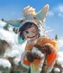  1boy animal_hat blue_eyes blue_hair blush buttons ehdogreen eyebrows_visible_through_hair gloves hat highres holding league_of_legends looking_to_the_side missing_tooth nunu open_mouth pine_tree rock signature smile snow snowball solo tree winter_clothes 