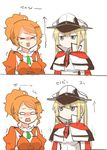  &gt;_&lt; 2koma aquila_(kantai_collection) blonde_hair blue_eyes blush_stickers closed_eyes comic commentary directional_arrow graf_zeppelin_(kantai_collection) hair_ornament hairclip hat height_conscious high_ponytail jitome kantai_collection multiple_girls no_mouth no_nose orange_hair rebecca_(keinelove) tiptoes translated trembling 