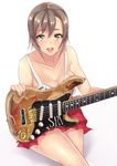  breasts brown_hair cleavage electric_guitar green_eyes guitar idolmaster idolmaster_cinderella_girls instrument open_mouth red_skirt short_hair signature skirt smile solo stevie_ray_vaughan stratocaster tada_riina takeda_seiji tank_top white_background 