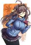  ahoge alternate_costume arm_behind_back bespectacled black-framed_eyewear black_legwear blue_eyes blue_sweater book breasts brown_hair double_bun glasses hairband headgear holding holding_book kantai_collection kongou_(kantai_collection) large_breasts long_hair long_sleeves looking_at_viewer miniskirt pantyhose purple_skirt ribbed_sweater shinshin skirt smile solo sweater twitter_username 