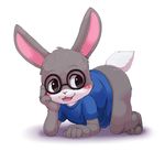  all_fours anthro blush bottomless brown_eyes clothed clothing cub cute eyewear glasses lagomorph looking_at_viewer male mammal rabbit shirt simple_background solo white_background yojoo young 