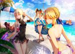  5girls afloat ahoge armband artoria_pendragon_(all) artoria_pendragon_(swimsuit_archer) back bangs bare_shoulders beach beach_chair beach_umbrella bikini black_hat black_legwear black_swimsuit blonde_hair blue_bikini blue_sky breasts chibi closed_mouth cloud dated day diffraction_spikes fate/extra fate/grand_order fate/stay_night fate_(series) flower frills halterneck hand_to_head hat hat_flower hat_ribbon hibiscus high_heels holding horizon innertube light_particles long_hair looking_at_viewer looking_back lying marie_antoinette_(fate/grand_order) marie_antoinette_(swimsuit_caster)_(fate) medium_breasts multiple_girls ocean on_back one-piece_swimsuit outdoors palm_tree pink_hair red_flower ribbon saber saber_alter sarong scathach_(fate)_(all) scathach_(swimsuit_assassin)_(fate) shade shoes showgirl_skirt sideboob sky sleeveless smile sparkle sparks standing summer sunlight swimsuit tamamo_(fate)_(all) tamamo_no_mae_(fate) tamamo_no_mae_(swimsuit_lancer)_(fate) thigh_gap tree tree_shade trigger_discipline twitter_username umbrella walking water_drop water_gun weed_(astarone) wet white_bikini white_flower yellow_eyes 