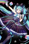  ;d blue_eyes dress gloves green_hair hatsune_miku highres long_hair magical_mirai_(vocaloid) microphone microphone_stand necktie one_eye_closed open_mouth popuru smile solo twintails very_long_hair vocaloid 