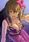  bikini breasts cleavage fate/grand_order fate_(series) flower from_above hair_flower hair_ornament hibiscus highres kami_mitsugu_(kamiken) large_breasts long_hair looking_at_viewer navel open_mouth purple_hair purple_sarong reaching_out red_eyes sarong scathach_(fate)_(all) scathach_(swimsuit_assassin)_(fate) self_shot smile solo swimsuit 