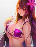  2016 arm_at_side bangs bikini_top breasts cleavage closed_mouth collarbone dated eyebrows eyebrows_visible_through_hair fate/grand_order fate_(series) flower gradient gradient_background grey_background hair_flower hair_ornament heart hibiscus large_breasts light_particles long_hair nail_polish pink_nails purple_bikini_top purple_flower purple_hair red_eyes scathach_(fate)_(all) scathach_(swimsuit_assassin)_(fate) solo string_bikini twitter_username underboob upper_body weed_(astarone) wet 