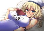  ahoge armband bare_shoulders blonde_hair blue_eyes blush book breasts glasses hair_ribbon hat holding holding_book i-8_(kantai_collection) kantai_collection large_breasts looking_at_viewer low_twintails lying name_tag on_back one-piece_swimsuit open_book peaked_cap pillow red-framed_eyewear ribbon sailor_hat school_swimsuit semi-rimless_eyewear shinshin solo swimsuit twintails under-rim_eyewear white_hat white_school_swimsuit white_swimsuit 