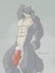  2018 5_fingers abs anthro armpit_hair balls biceps bulge canine clothing cock_sock dog dog_tags fur grey_fur hair husky jewelry kouya_(morenatsu) legwear male mammal morenatsu muscular muscular_male necklace nipples pecs penis_outline simple_background solo stockings vein yellow_eyes yunu38 