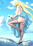  1girl aruuin ass bird blonde_hair breasts clouds dress earrings green_eyes high_heels long_hair looking_at_viewer lusamine_(pokemon) nail_polish nipples no_panties pokemon pokemon_(game) pokemon_sm side_boob side_view sky solo thighhighs wine_glass 