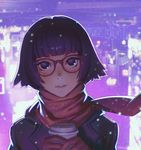  absurdres bangs blunt_bangs coffee_cup cup disposable_cup glasses gloves head_tilt highres holding holding_cup ilya_kuvshinov jacket leather leather_jacket looking_at_viewer original purple purple-framed_eyewear purple_eyes red_gloves red_scarf scarf shibuya_(tokyo) shibuya_109 short_hair smile solo teeth tokyo_(city) upper_body upside-down 