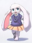  anthro blue_eyes clothing cub cute female fur lagomorph looking_at_viewer mammal open_mouth rabbit shadow simple_background skirt solo standing white_background white_fur yojoo young 