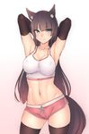  animal_ear_fluff animal_ears armpits arms_behind_head arms_up ass_visible_through_thighs black_hair black_legwear bluefield blush breasts cleavage collarbone covered_nipples cowboy_shot fox_ears fox_girl fox_tail green_eyes groin gym_shorts highres hime_cut large_breasts long_hair midriff navel original short_shorts shorts smile solo sports_bra stomach sweat tail thighhighs white_background 
