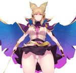  ass_visible_through_thighs belt black_skirt blonde_hair bracelet breasts brown_shirt cape_lift closed_mouth earmuffs expressionless from_below gradient_clothes holding holding_sword holding_weapon jewelry large_breasts looking_at_viewer looking_down miniskirt panties pantyshot pantyshot_(standing) ribbon scabbard sekiyu_(spartan) sheath shiny shiny_skin shirt short_hair sideboob sidelocks simple_background skirt skirt_lift sleeveless sleeveless_shirt solo standing sword thighs touhou toyosatomimi_no_miko underwear upskirt weapon white_background wind yellow_eyes 