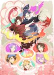  ;d aqua_eyes bandana black_hair blonde_hair blue_eyes brown_hair cherry_blossoms earrings giant_brush hachisuka_kotetsu hakama hood japanese_clothes jewelry kasen_kanesada kashuu_kiyomitsu male_focus mole mole_under_eye mole_under_mouth mou_(mooooow) multiple_boys mutsu-no-kami_yoshiyuki one_eye_closed open_mouth paintbrush petals ponytail purple_hair red_eyes scarf seigaiha smile touken_ranbu touken_ranbu:_hanamaru yamanbagiri_kunihiro yamato-no-kami_yasusada yellow_eyes 