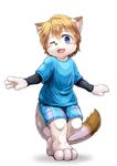  blue_eyes brown_hair cat clothing cub cute feline fur hair male mammal one_eye_closed open_mouth shorts simple_background solo standing white_background white_fur yojoo young 