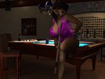  2016 3d_(artwork) alcohol anthro bear beverage big_breasts billiards black_hair blx24 bottle breasts brown_fur brown_nose can chair cleavage clothed clothing digital_media_(artwork) female fingerless_gloves fur gloves hair hi_res inside long_hair looking_away mammal photo red_eyes shirt shorts sitting solo standing thick_thighs whiskey 