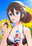  adapted_costume alternate_hair_length alternate_hairstyle bare_shoulders bikini black_hair blue_eyes blurry collarbone day deca_purio depth_of_field eating flower hair_between_eyes hair_flaps kantai_collection looking_at_viewer open_mouth outdoors remodel_(kantai_collection) shaved_ice shigure_(kantai_collection) short_hair solo sunflower sweat swimsuit upper_body 