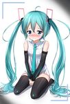  1girl ahoge akira_(been0328) aqua_eyes aqua_hair blush covering_crotch crying hatsune_miku looking_at_viewer necktie seiza simple_background sitting solo tears twintails vocaloid 