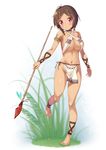  :o ankle_lace-up anklet armlet bare_shoulders barefoot beads blush braid breasts brown_hair choker cleavage criss-cross_halter cross-laced_footwear feathers fringe_trim full_body gradient grass hair_ornament hair_tie hairclip halter_top halterneck highres holding holding_weapon ichi_makoto jewelry leg_up legs_apart loincloth looking_at_viewer medium_breasts midriff navel original polearm red_eyes ring shade shiny shiny_skin side_braid single_braid skindentation solo spear standing standing_on_one_leg stomach tan toenails tribal underboob weapon 