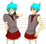  blue_eyes blue_hair blush clothed clothing crossdressing embarrassed hair human legwear mammal school_uniform simple_background skirt smile stockings trace_legacy twokinds uniform 