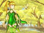  1girl breasts dragon_nest dress elf expose female forest gold_hair green_eyes leotard nature outdoors plant sky solo 