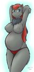  anthro armpits belly big_belly black_fur blue_eyes blush clothed clothing fur grey_fur gyro-furry hair nintendo panties pok&eacute;mon pregnant red_hair simple_background solo topless underwear video_games white_background zoroark 