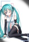  1girl akira_(been0328) blue_eyes blue_hair hatsune_miku one_eye_closed skirt smile solo twintails vocaloid wink 
