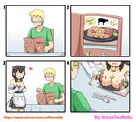 1girl 4koma beef bell blush breasts comic commentary_request cow_bell cow_girl cow_horns fork glasses greenteaneko highres horns huge_breasts knife maid menu open_mouth you're_doing_it_wrong 