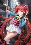  aaeru absurdres black_legwear bullet checkered dual_wielding eyebrows eyebrows_visible_through_hair green_eyes gun hair_ornament hair_scrunchie highres holding holding_gun holding_weapon long_hair red_hair scrunchie shaonyu_cofee_gun solo striped twintails very_long_hair weapon 