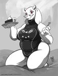 2016 anthro boss_monster caprine clothed clothing eyelashes eyewear fangs female food fork glasses goat holding_food holding_object looking_at_viewer mammal pie solo thick_thighs toriel undertale video_games zwitterkitsune 