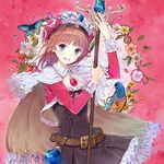  animal atelier_(series) atelier_rorona belt bird blue_eyes brown_dress bug butterfly cape capelet dress flower frills hat highres insect kishida_mel long_hair long_sleeves open_mouth pink_background pink_hair resized rororina_fryxell simple_background skirt smile staff upscaled white_capelet 