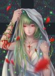  blood_on_arm breasts cleavage closed_mouth emalfire expressionless flower green_hair large_breasts long_hair original petals plant red_eyes rose rose_petals solo stained_glass thorns veil vines 