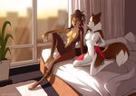  4_toes 5_fingers anthro bed blue_eyes blue_nipples breasts brown_fur canine cat day detailed_background digitigrade dog duo eyelashes feline female fur inside kneeling mammal navel nipples nude on_bed pussy sitting smile spefides toes white_fur wide_hips window 