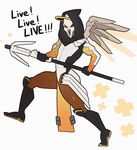 bodysuit commentary cosplay crossdressing english face_mask gloves highres hood male_focus mask mechanical_halo mechanical_wings mercy_(overwatch) mercy_(overwatch)_(cosplay) overwatch pantyhose reaper_(overwatch) solo splashbrush staff wings 