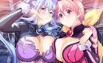  2girls blue_eyes blue_hair blush breast_press breasts cleavage coscos!:_anata_gonomi_no_cosplay_h_shite_ageru detached_collar erect_nipples female game_cg gem hamashima_shigeo heavy_breathing highres jewelry large_breasts long_hair long_sleeves looking_at_viewer lying multiple_girls red_eyes red_hair ruby_(stone) sapphire_(stone) short_hair smile twintails wrist_cuffs 