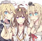  3girls aqua_eyes bad_anatomy bare_shoulders blonde_hair blue_eyes blush breasts brown_hair cleavage commentary girl_sandwich gloves hand_to_own_mouth heart iowa_(kantai_collection) jewelry kantai_collection kongou_(kantai_collection) kvlen large_breasts medium_breasts multiple_girls necklace one_eye_closed open_mouth purple_eyes sandwiched spoken_ellipsis star star-shaped_pupils sweatdrop symbol-shaped_pupils warspite_(kantai_collection) 