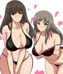  bikini bra breasts brown_eyes brown_hair cleavage cowboy_shot crossed_arms girls_und_panzer heart highres koujun_(mugenzero) large_breasts leaning_forward light_brown_hair lingerie long_hair looking_at_viewer multiple_girls nishizumi_shiho shimada_chiyo strap_slip swimsuit take_your_pick underwear 