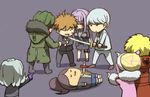  4girls ahoge andou_ruruka aramaki_scaltinof asahina_aoi beanie blonde_hair bruise chibi coat danganronpa danganronpa_3 formal fur-trimmed_jacket fur_trim gloves green_hair hat holster injury izayoi_sounosuke jacket katana kimura_seiko kirigiri_kyouko lavender_hair multiple_boys multiple_girls munakata_kyousuke naegi_makoto pink_hair pointing purple_background sakakura_juuzou silver_hair simple_background spoilers suit sword thigh_holster weapon youko-shima 