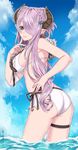  alternate_hairstyle ass bad_id bad_pixiv_id bikini blue_eyes blush braid breasts bug butterfly butterfly_earrings closed_mouth cloud day double_bun draph earrings finger_to_cheek flat_ass granblue_fantasy hair_ornament hair_over_one_eye highres horns insect jewelry large_breasts long_hair looking_at_viewer looking_back narmaya_(granblue_fantasy) outdoors pearl pearl_earrings pointy_ears purple_hair side-tie_bikini sideboob sky smile solo sora_yoshitake_yuda swimsuit thigh_strap twin_braids wading water wet white_bikini 