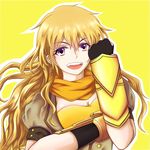  :d blonde_hair breasts cleavage ember_celica_(rwby) fingerless_gloves gloves large_breasts long_hair messy_hair open_mouth purple_eyes ruko rwby scarf smile solo teeth v-shaped_eyebrows yang_xiao_long yellow_background 