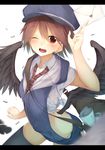  ;d arm_up bad_id bad_pixiv_id bag bare_arms black_legwear black_wings blurry blush breasts brown_hair cowboy_shot depth_of_field envelope eyebrows eyebrows_visible_through_hair feathered_wings feathers flat_cap hair_between_eyes hat heart highres holding holding_envelope hood hood_down letterboxed looking_at_viewer mailman necktie one_eye_closed open_mouth original plaid plaid_neckwear pocket red_eyes rerrere shirt short_hair shoulder_bag simple_background small_breasts smile solo teeth thighhighs tied_shirt white_background wing_collar wings zipper 