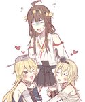  &gt;_&lt; bare_shoulders blonde_hair blush brown_hair closed_eyes detached_sleeves flying_sweatdrops girl_sandwich heart hug iowa_(kantai_collection) kantai_collection kongou_(kantai_collection) kvlen leg_cling leg_hug multiple_girls no_nose sandwiched triangle_mouth warspite_(kantai_collection) yuri 