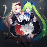  animal_ears apron blonde_hair cat_tail character_request commentary_request falkyrie_no_monshou flower green_eyes green_hair hair_flower hair_ornament hair_ribbon highres holding_hands kagetomo_midori maid multiple_girls red_eyes ribbon skirt tail thighhighs twintails 