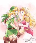  blonde_hair blue_eyes blush closed_eyes dual_persona flower green_hat hat kaidou_mitsuki link long_hair open_mouth phrygian_cap pointy_ears princess_zelda short_hair smile the_legend_of_zelda the_legend_of_zelda:_ocarina_of_time time_paradox young_link younger 
