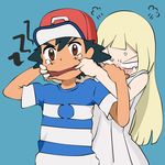  1girl blonde_hair blush brown_eyes finger_in_mouth hat lillie_(pokemon) long_hair mouth_pull pokemon pokemon_(anime) pokemon_sm_(anime) satoshi_(pokemon) suzuno_(saru_grdz) 